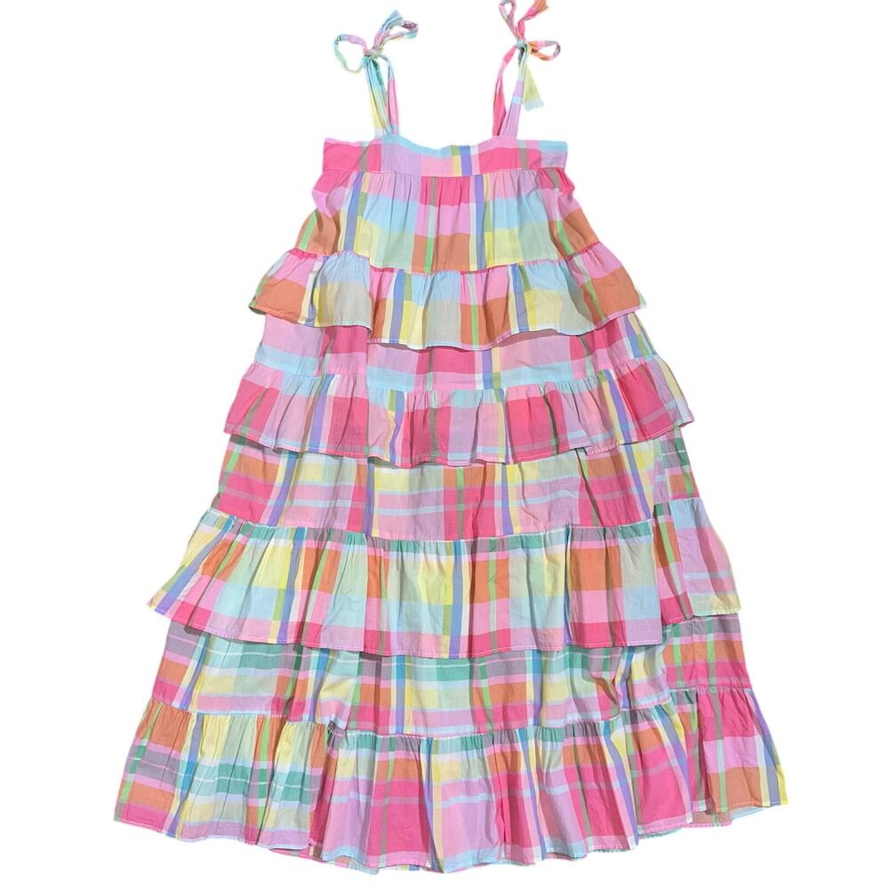 Lison Paris Girls Tiered Ruffle Plaid Check Bow Straps Hoop Midi Dress Size 10Y